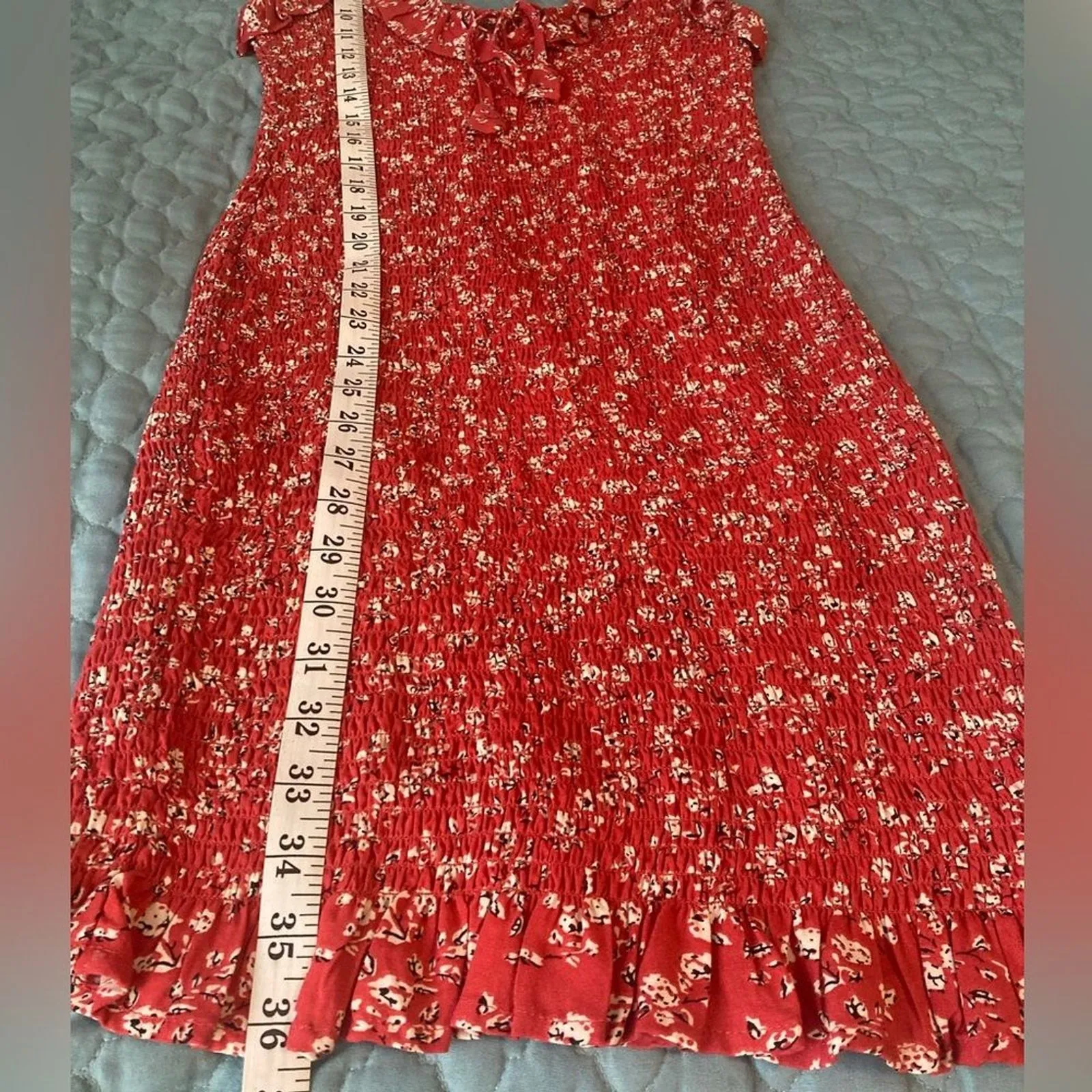 Y2K Smocked Mini Sun Dress XS Ruffle Strap Bodycon Red Cottage Boho Country - Image 10