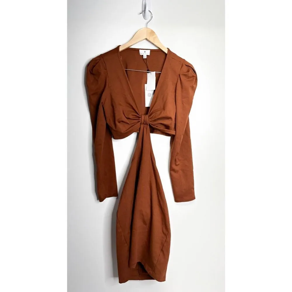 Socialite Dress Womens Cut Out Puff Sleeve Bodycon Mini Brown‎ Size Large NWT - Image 2