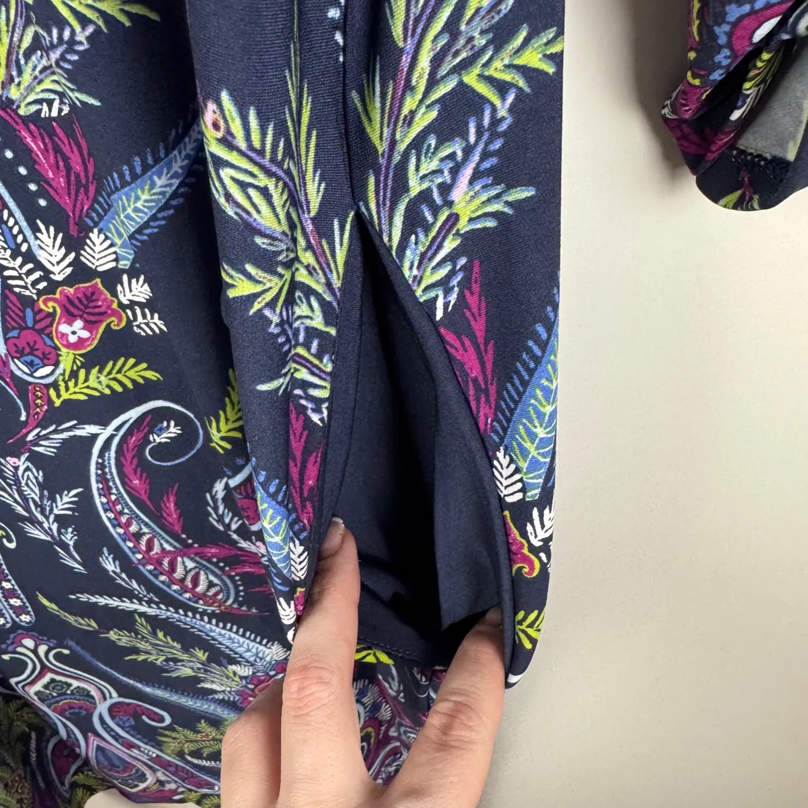 Chicos Ruched Sleeve Midi Dress Size 2 Large Multi Paisley Floral Stretch Office - Image 3