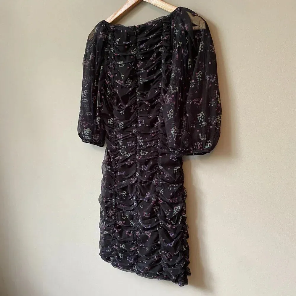 Et Clet Women's Small Puff Sleeves Ruched Floral Print Mini Dress Black Party - Image 14