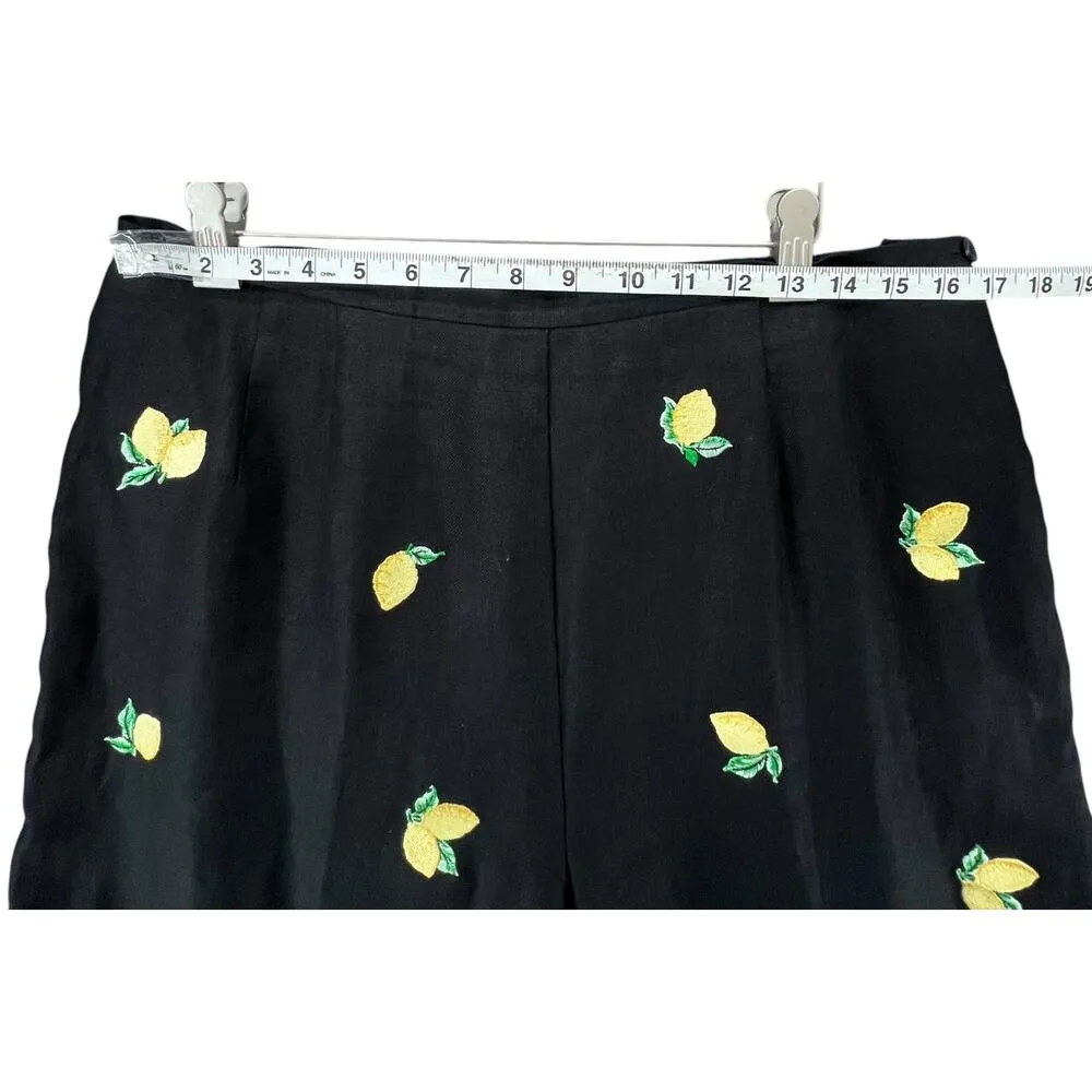 Vintage Talbots Crop Pants Womens 16 Black Yellow Irish Linen Embroidered Lemons - Image 5