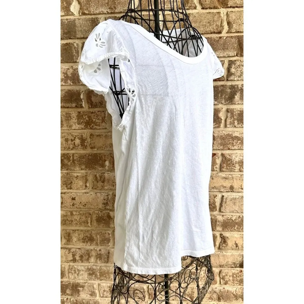Kate Spade White Eyelet Mixed Media Tee Top Large Cotton Flutter Sleeves… - Image 4