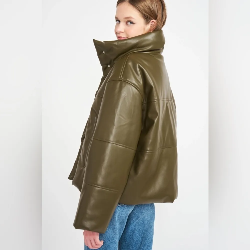 En Saison Lana Vegan Leather Puffer Jacket Olive - Image 3