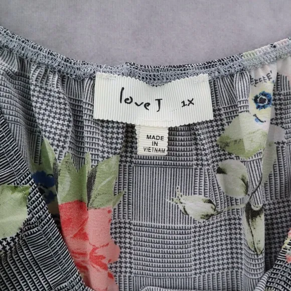 Love J Gray Floral Short Sleeve Checker Houndstooth Knee Length Plus Dress 1X - Image 6