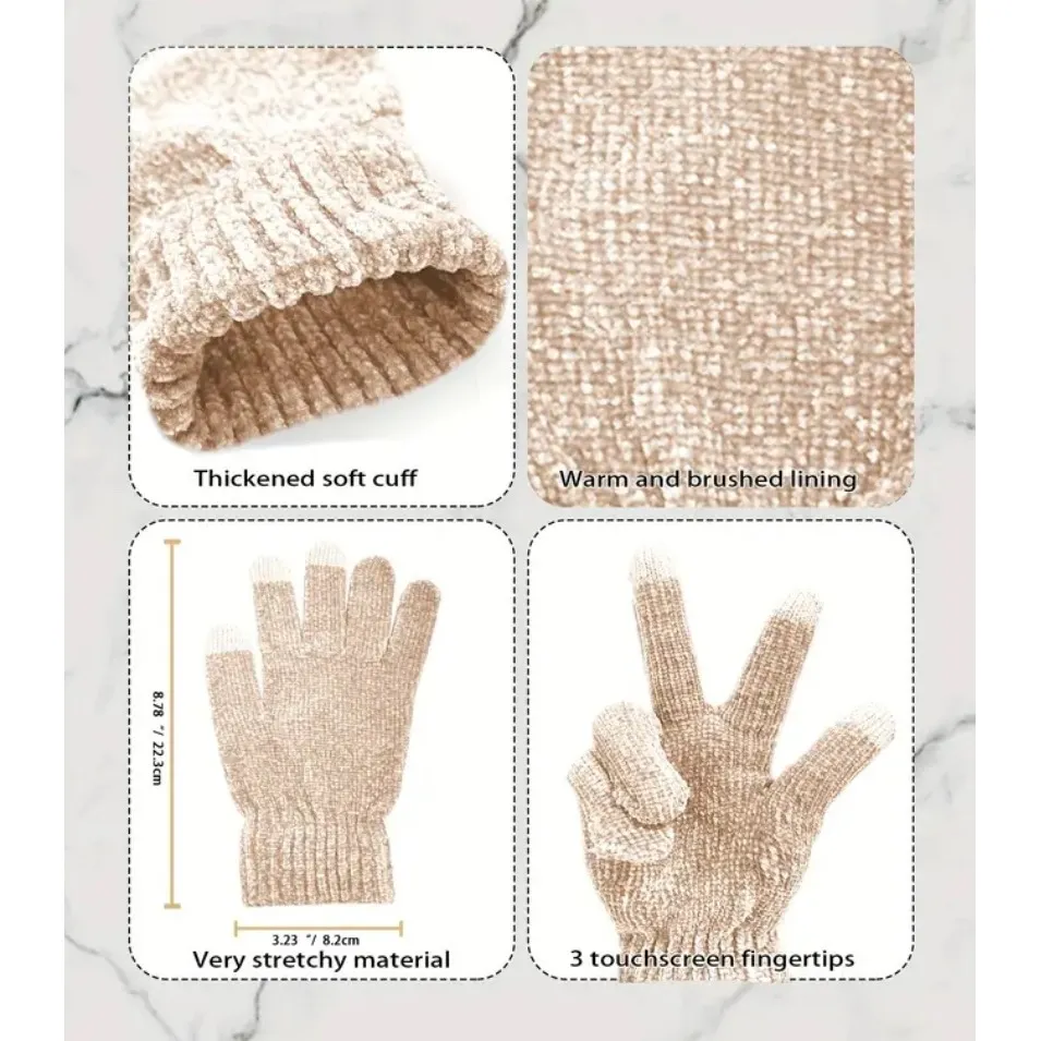 Chenille‎ Winter Cozy Ivory 3pc Set Scarf Touchscreen Gloves Beanie Hat Cap White - Image 5