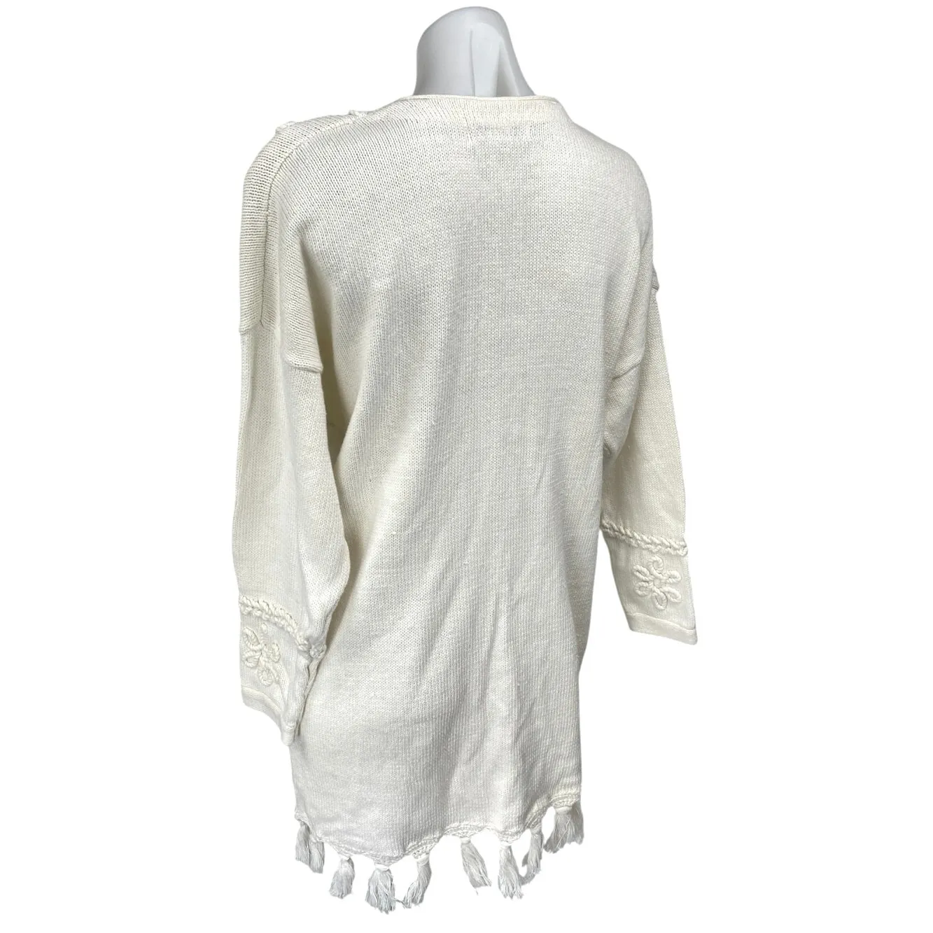 Style New York Cream Long Sleeve 3D V Neck Tassel Mini Sweater Dress Size L Size L - Image 2