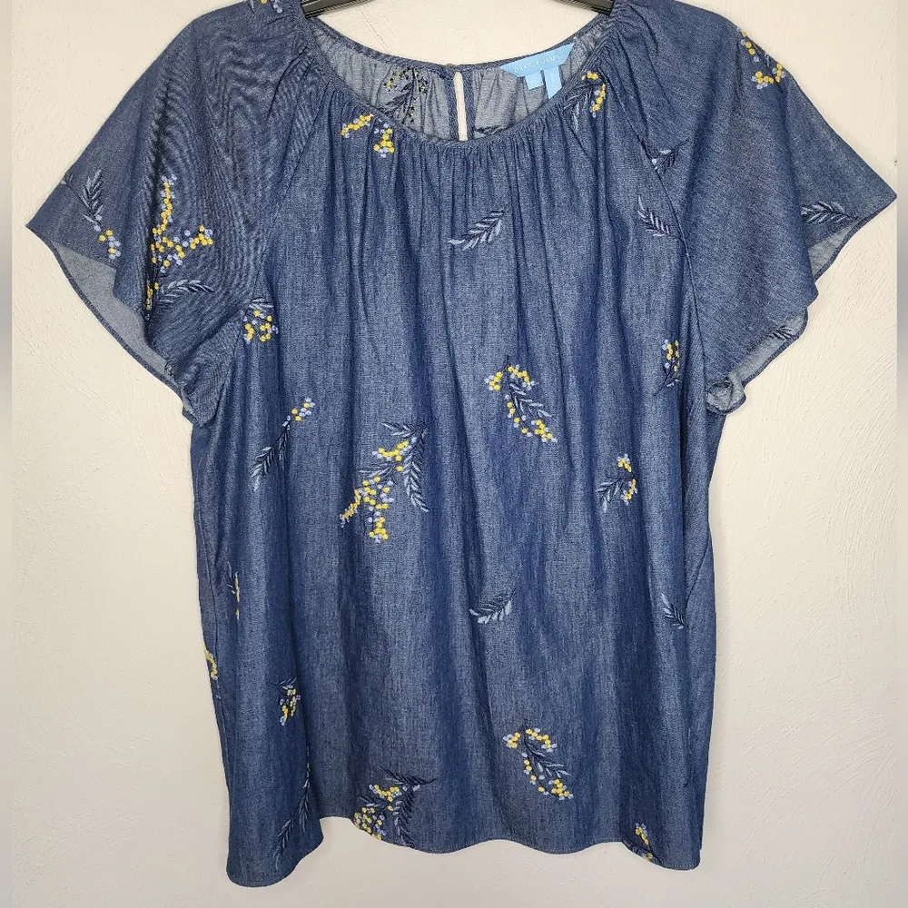 Draper James Embroidered Chambray Swing Top in Dark Wash - Image 2