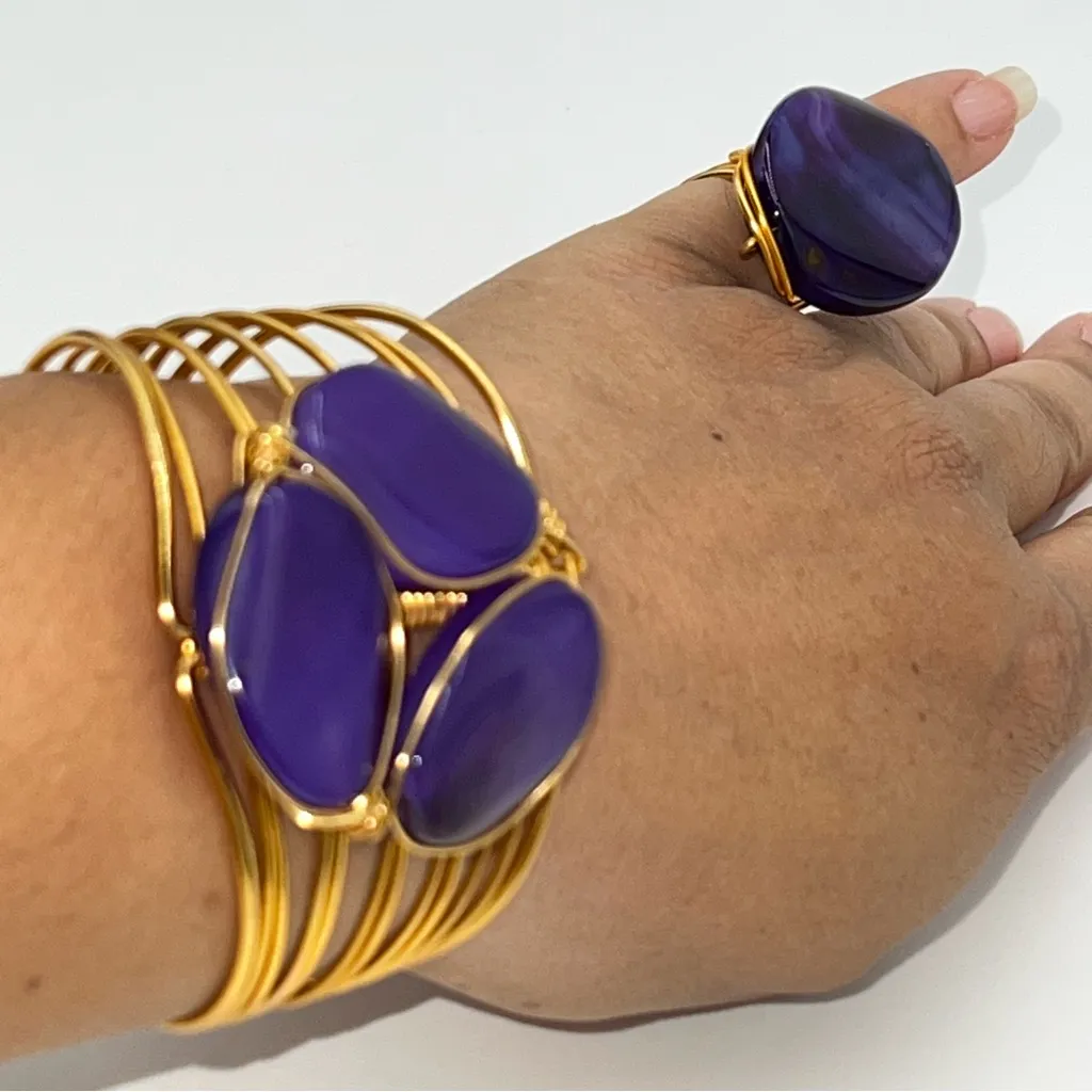 Elegant Purple/Blue and Gold Bracelet and Ring Costume Jewelry 2 Piece Set - Image 8