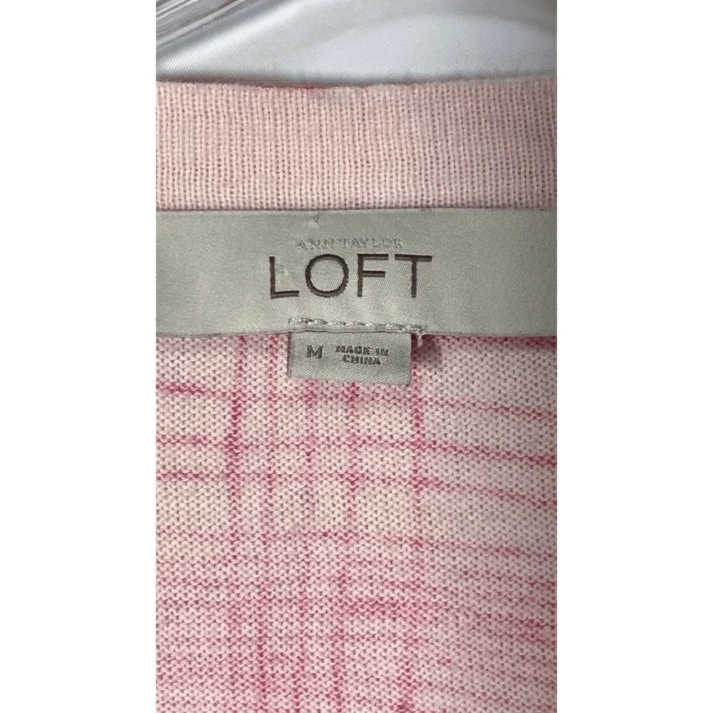 Ann Taylor LOFT Pink White Crosshatch Pattern Cardigan Size M - Image 5