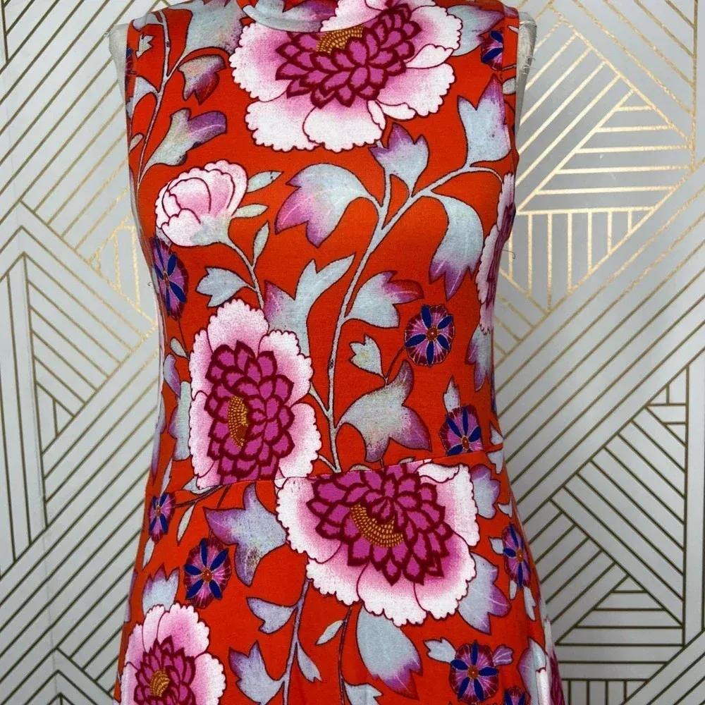 Anthropologie Maeve Cleary Dress Floral Mock Neck Jersey Orange‎ Red Size Small - Image 4