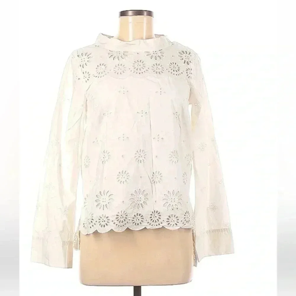 J. Crew | White Cotton Eyelet Crochet Bohemian Vibes Long Sleeve Blouse Size 0 - Image 2