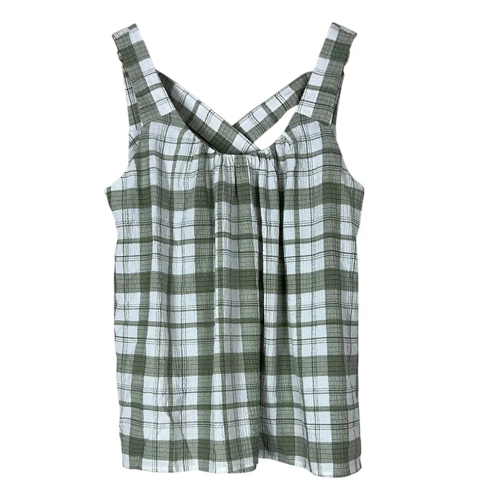 Caslon Plaid Cross Back Woven Tank In Ivory Green Dahli Plaid - Image 2