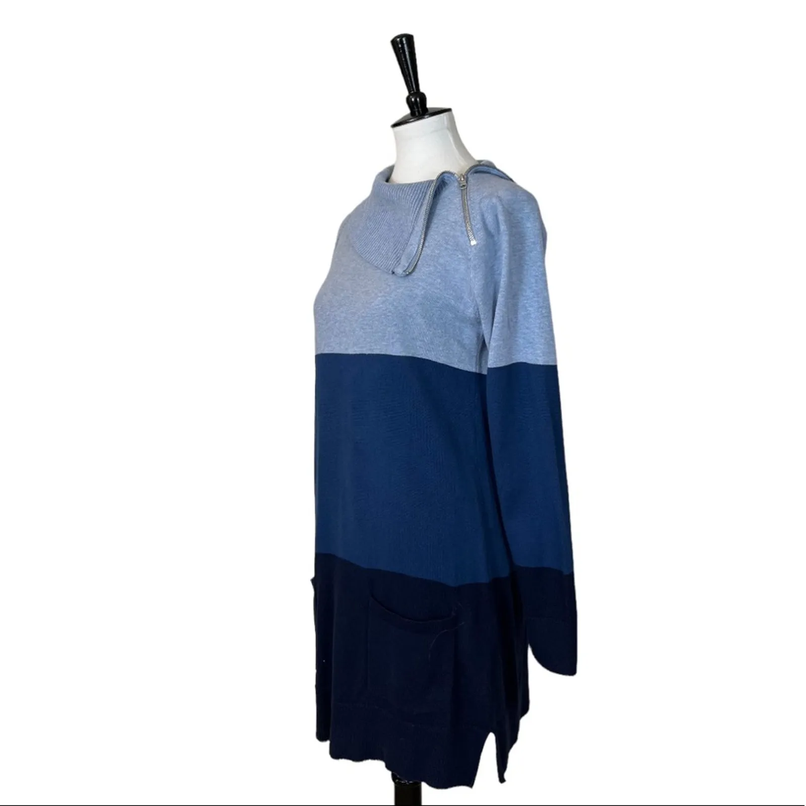 Jeanne Pierre Women's Tunic Sweater Folded Zip Cowl Neck Blue Color Block Size M - Image 4