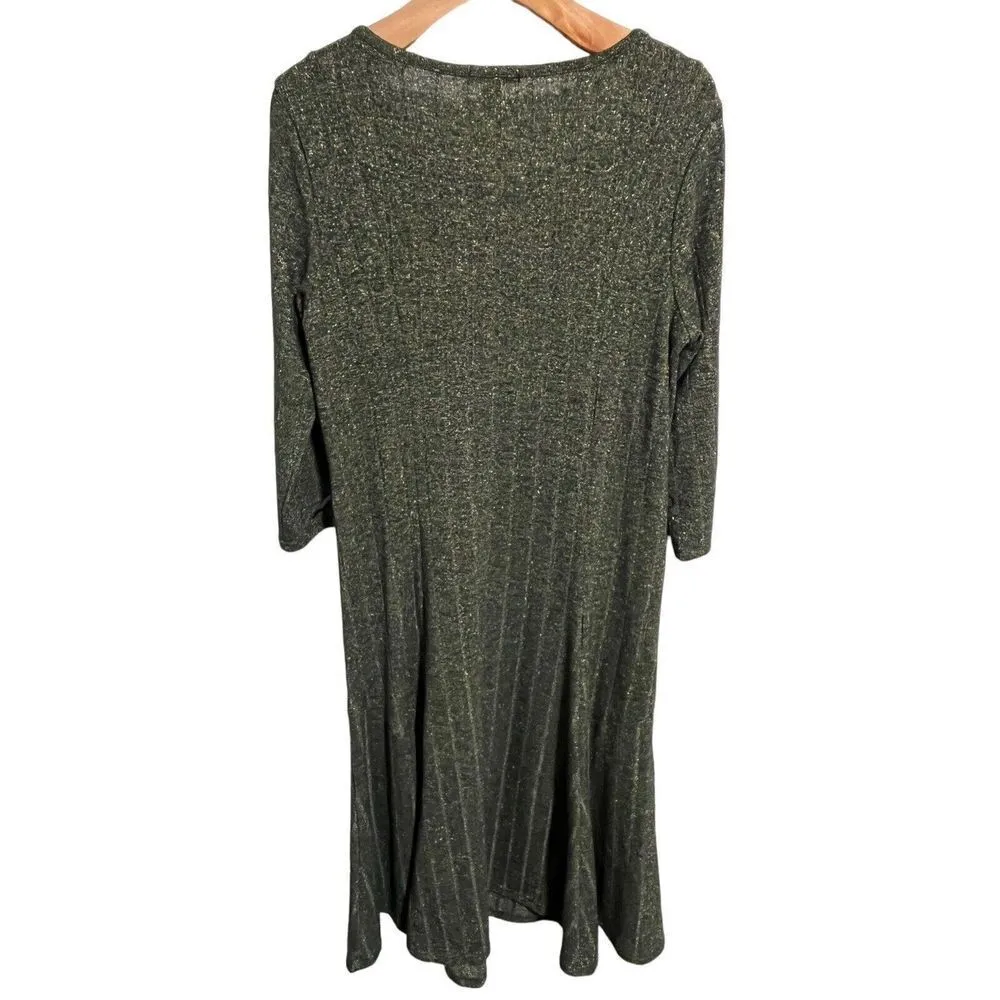 Nina Leonard Maxi Dress Womens Large Green Gold Flecked Ribbed 3/4 Sleeve A Line - Image 9