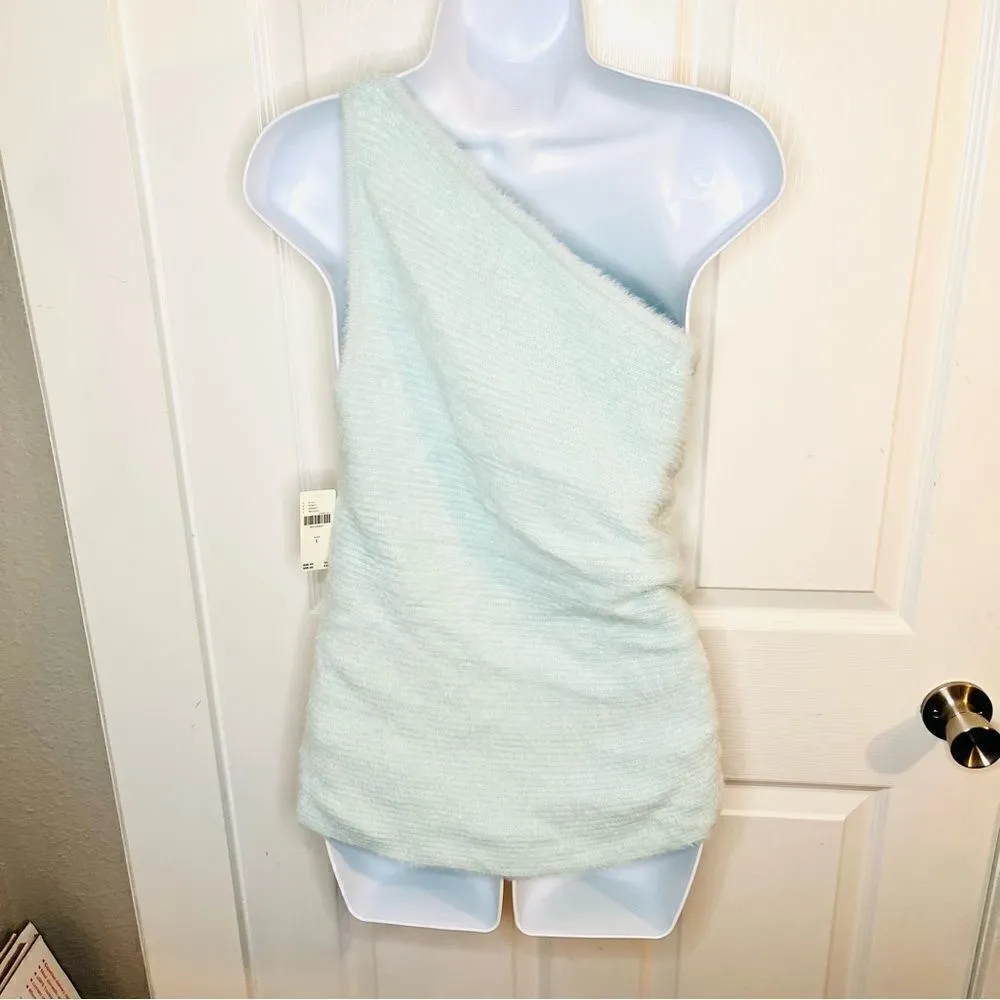 By Anthropologie One-Shoulder Eyelash Sweater Tank Sky Mint Green L NWT - Image 9