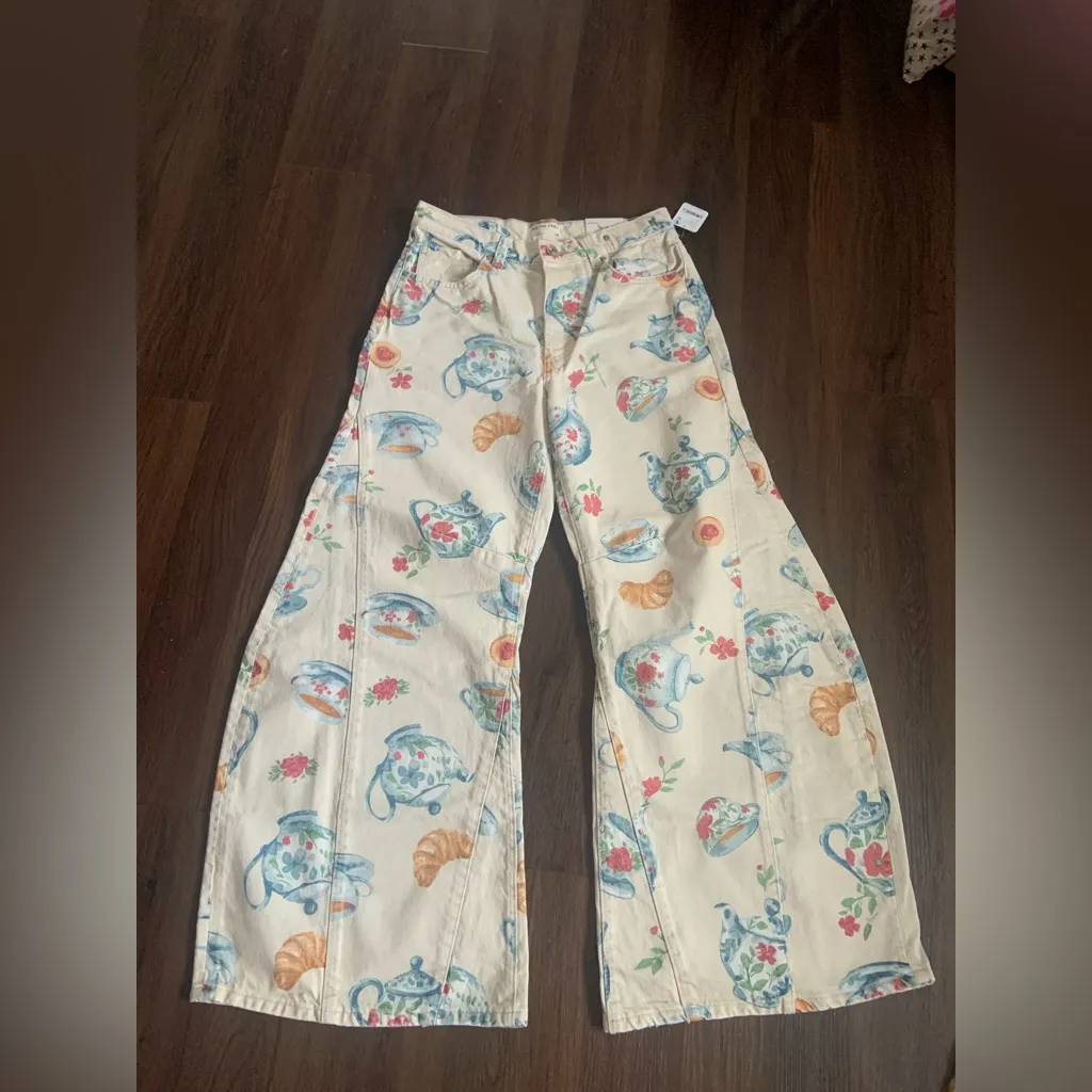 We The Free Eden Printed High 
Flare Jeans playful brunch teapot rare casual nwt - Image 7