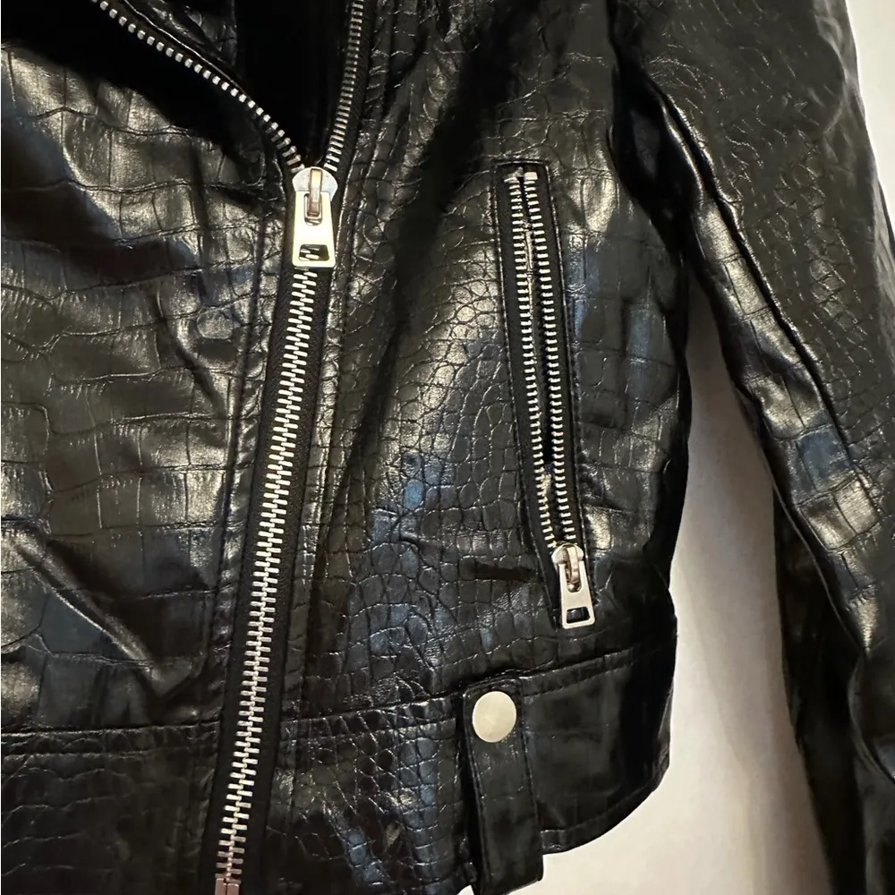 Topshop Black Faux Leather Shine Moto Jacket Croc Embossed Zip Biker US 4 Shiny - Image 9
