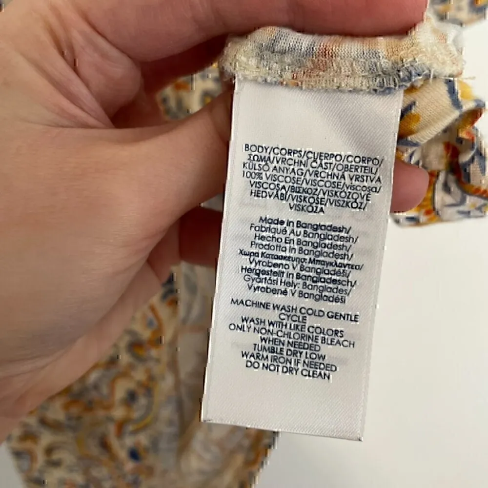 CHAPS Jersey Flutter Sleeve Top Cream Yellow Multi Paisley Lace Up Short Sleeve - Image 11