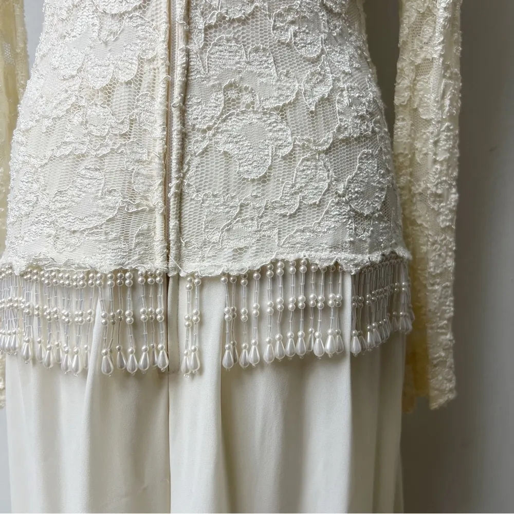 1980s Wide Leg Lace & Chiffon Ivory Jumpsuit White - Image 12