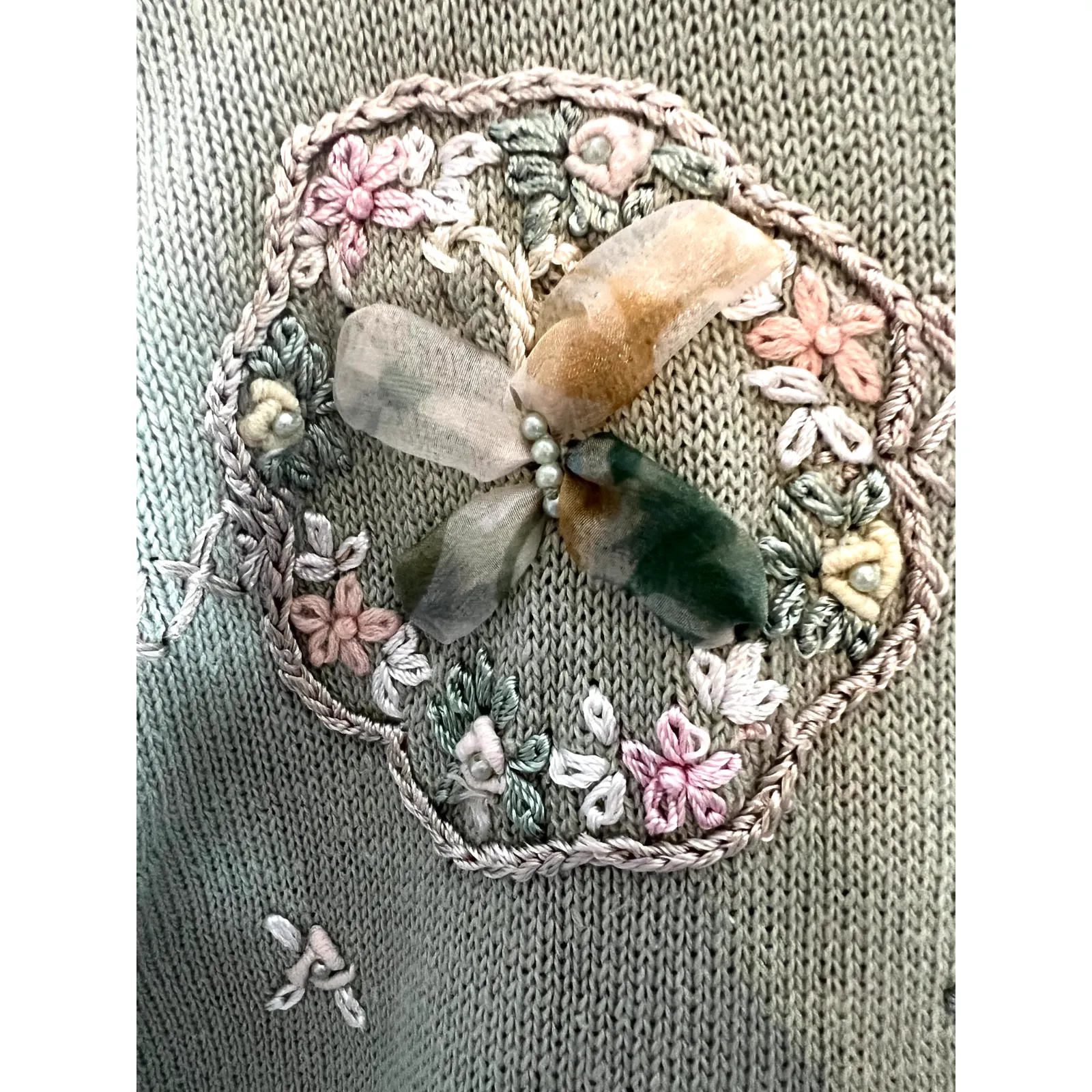 Vintage 90s Short Sleeve Sweater Womens Size M Floral Applique Buttons Embroider Green Size M - Image 7