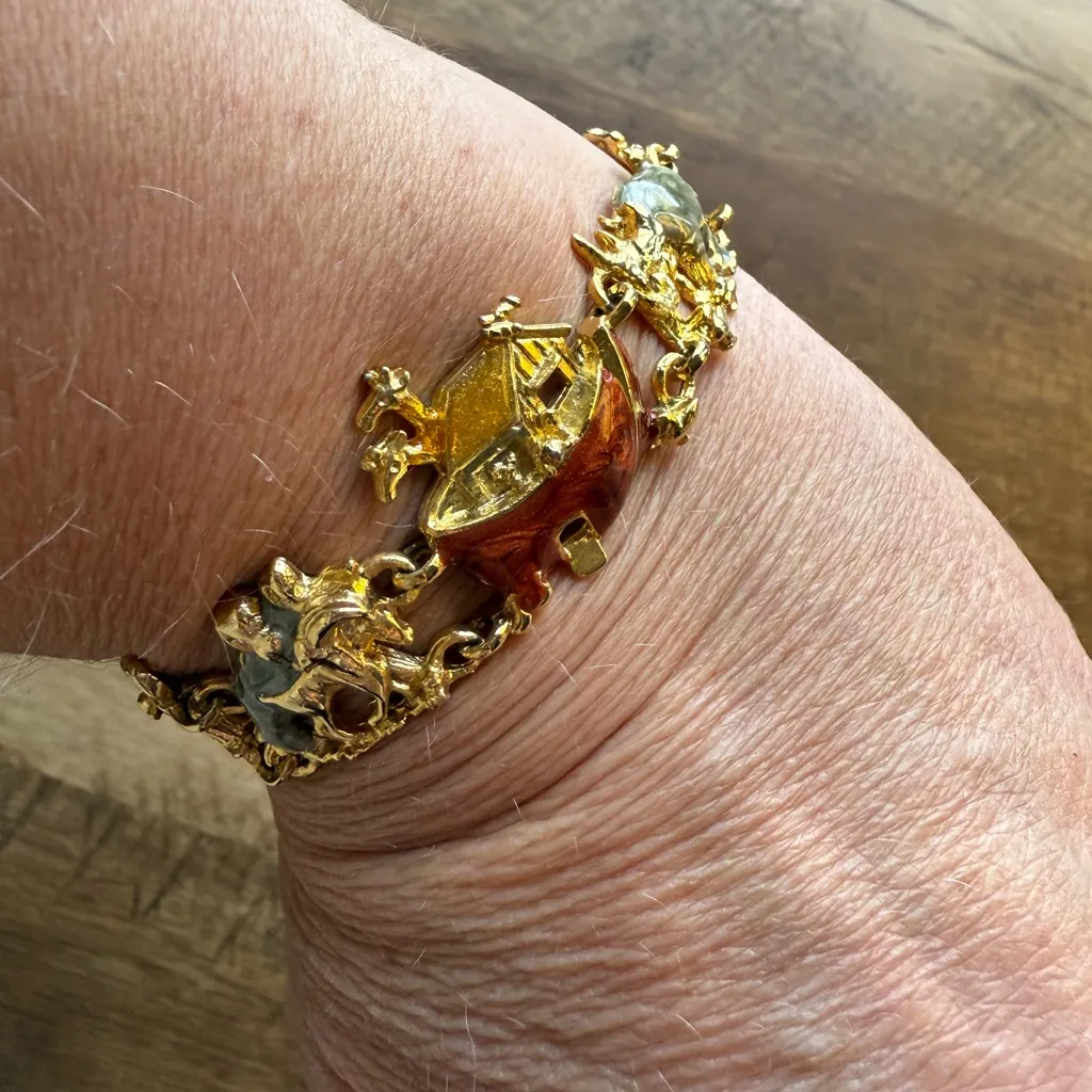 Vintage Gold Tone Multicolor Enamel Noahs Ark Animals Bible Panel Bracelet - Image 2