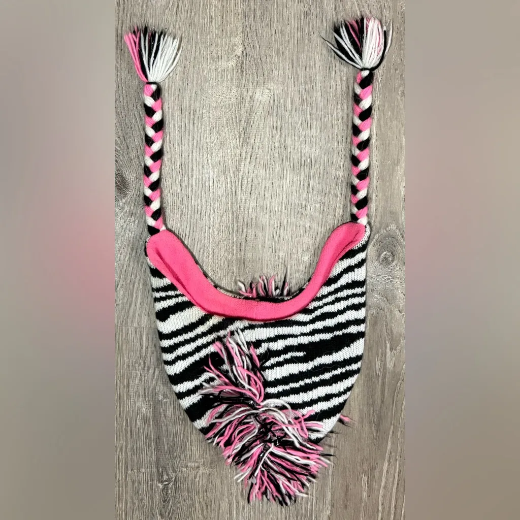 Zebra Striped Knit Mohawk Beanie | Hat Black - Image 4