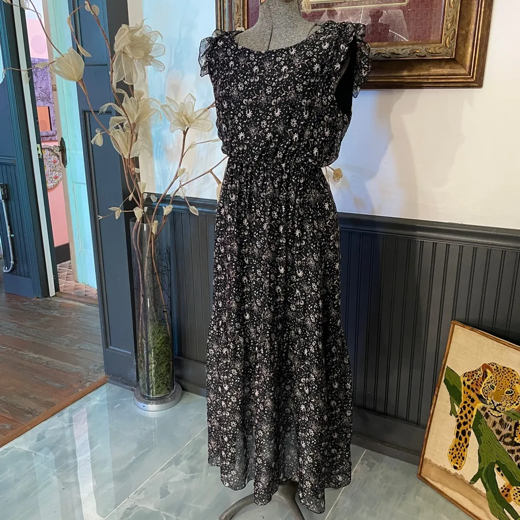 Le Ragazze Silk Blend Made in Italy Black Floral Flutter Sleeve Dress Sz L🧡🎀 Size L - Image 3