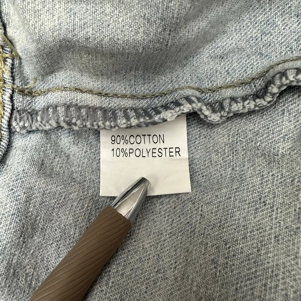 LA BIZ Sz Medium Sparkly Rhinestone Fringe Light Wash Distress Denim Crop Jacket - Image 5