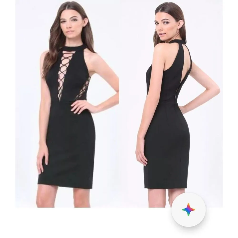 Bebe Womens Black Lace Up Front Halter Neck Back Zip Bodycon Dress Size S - Image 12