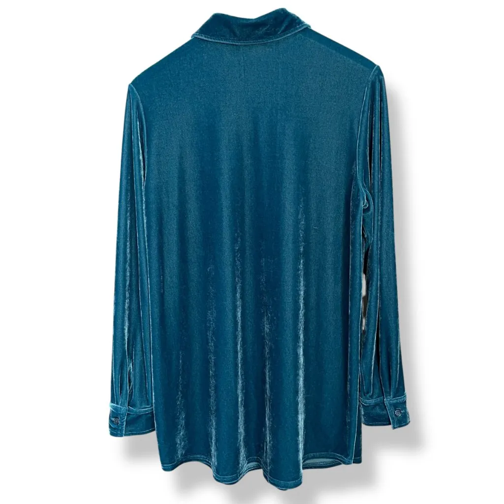 Soft Surroundings Velvet Top Blouse Button-Up Stretch Sz Medium Teal Long Sleeve - Image 2