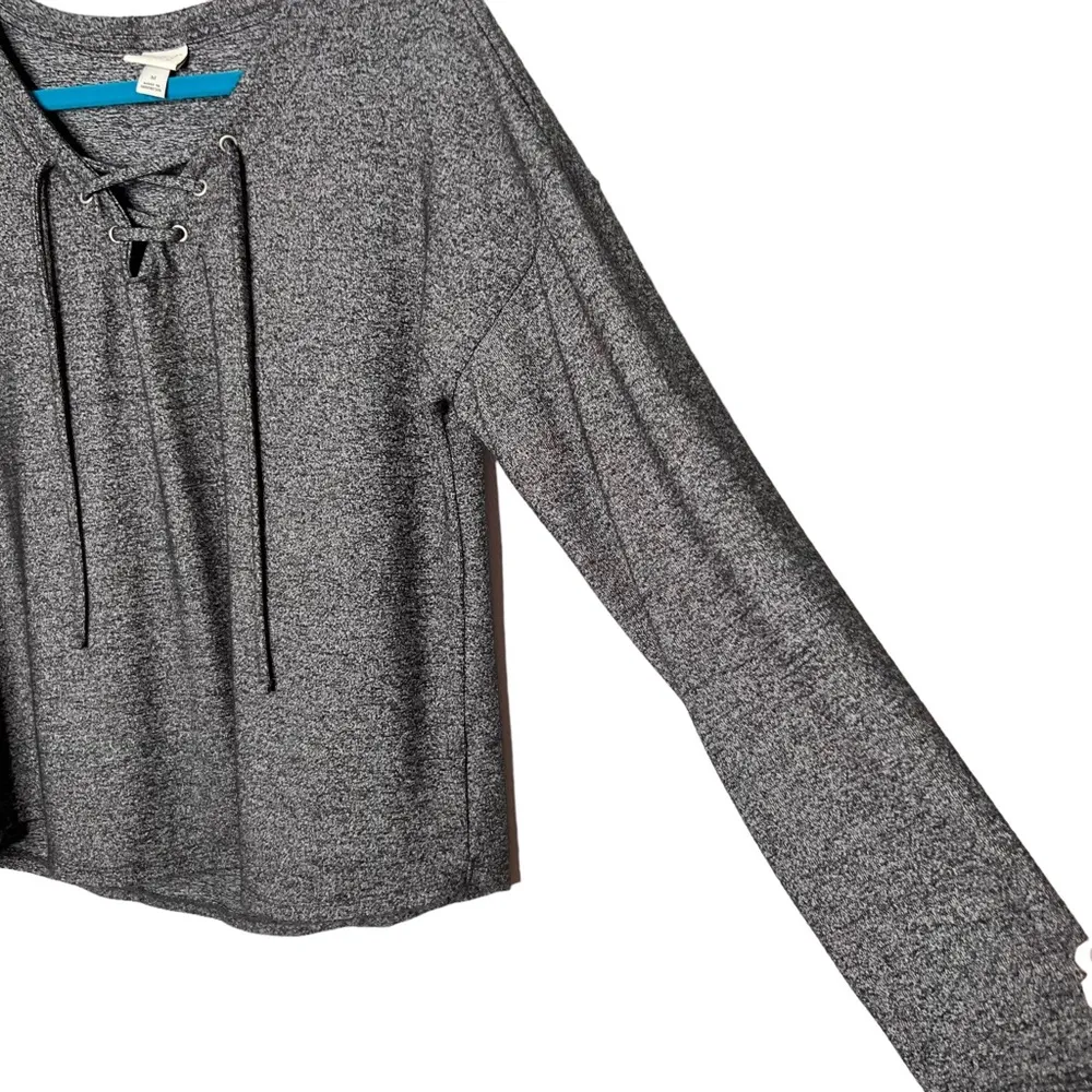 Charcoal Heather Gray Lace Up Neckline Blouse - Image 9