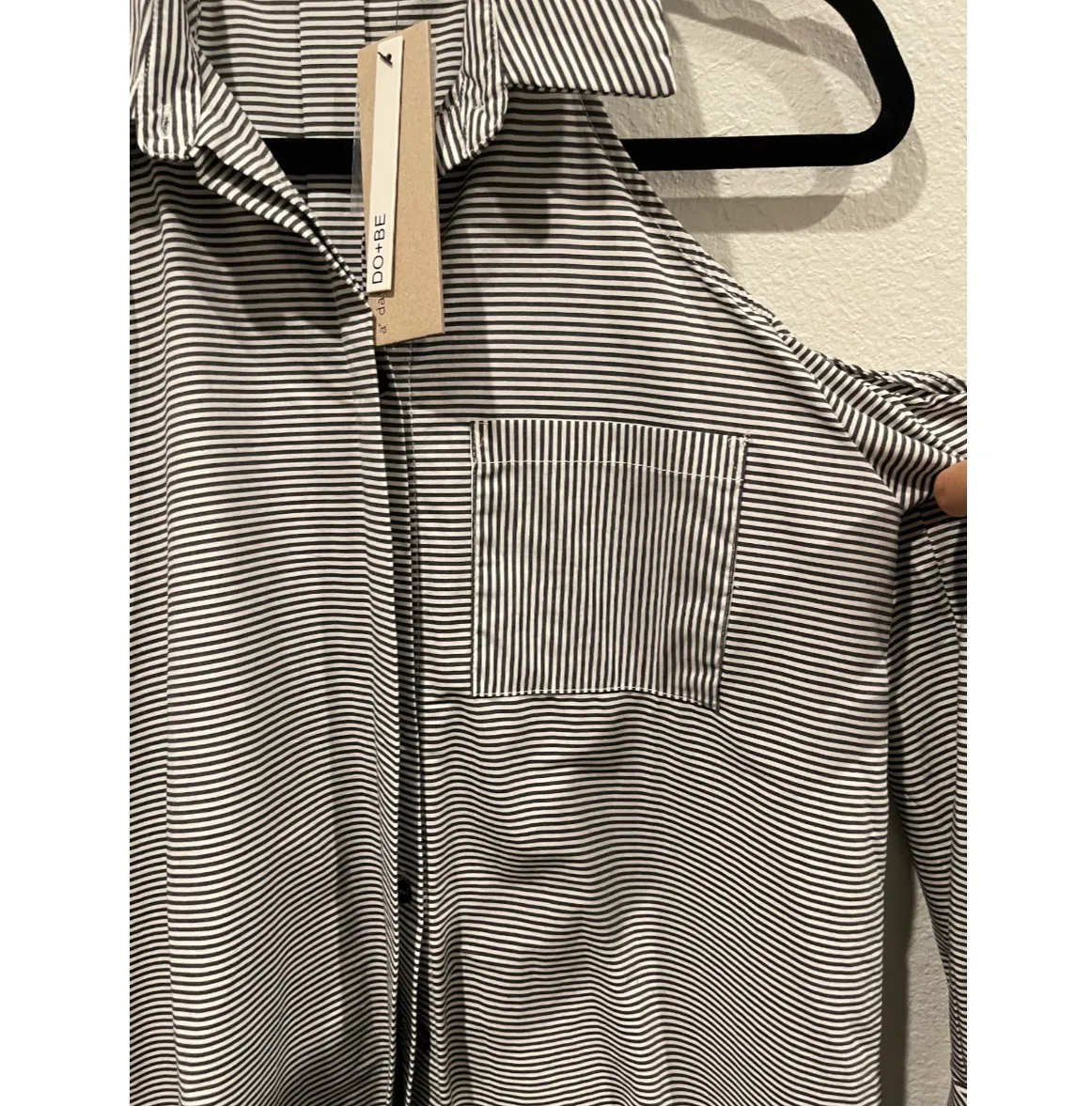 Black Stripes Cold Shoulder Shirt Dress - Image 6