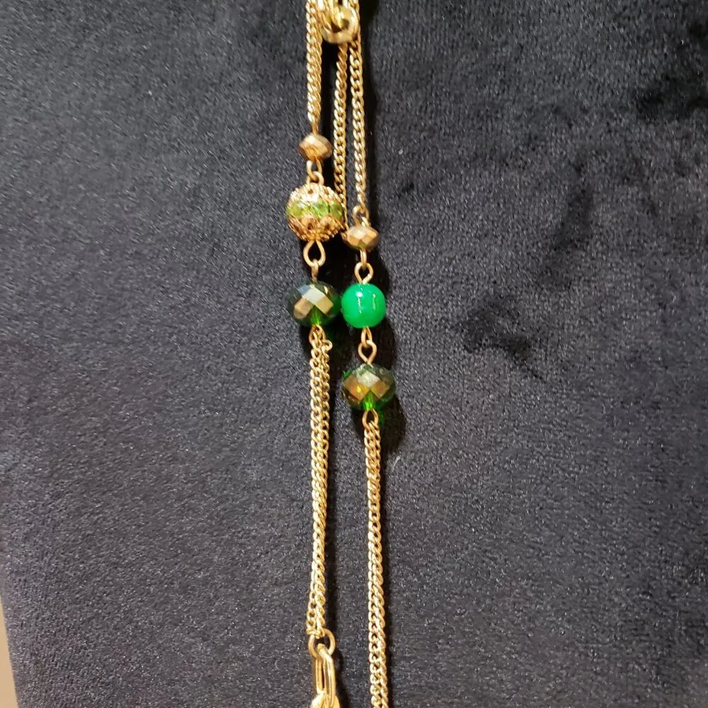 Women Gold Tone 2 Strand Green Emerald Beads Metal Faceted Bowl Station Necklace - Image 5