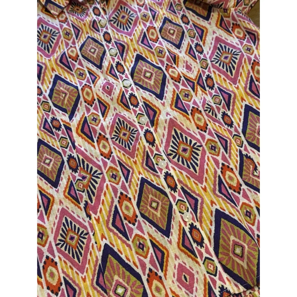 Chicos Womens Size 0 Linen No Iron Button Up Shirt‎ 3/4 Sleeve Aztec Colorful - Image 6