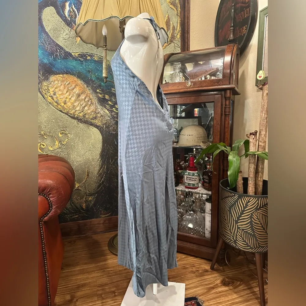 EUC House of Harlow 1960 Blue/SILVER SATIN DIMONS PATTERN Halter Maxi Dress Blue Size L - Image 4