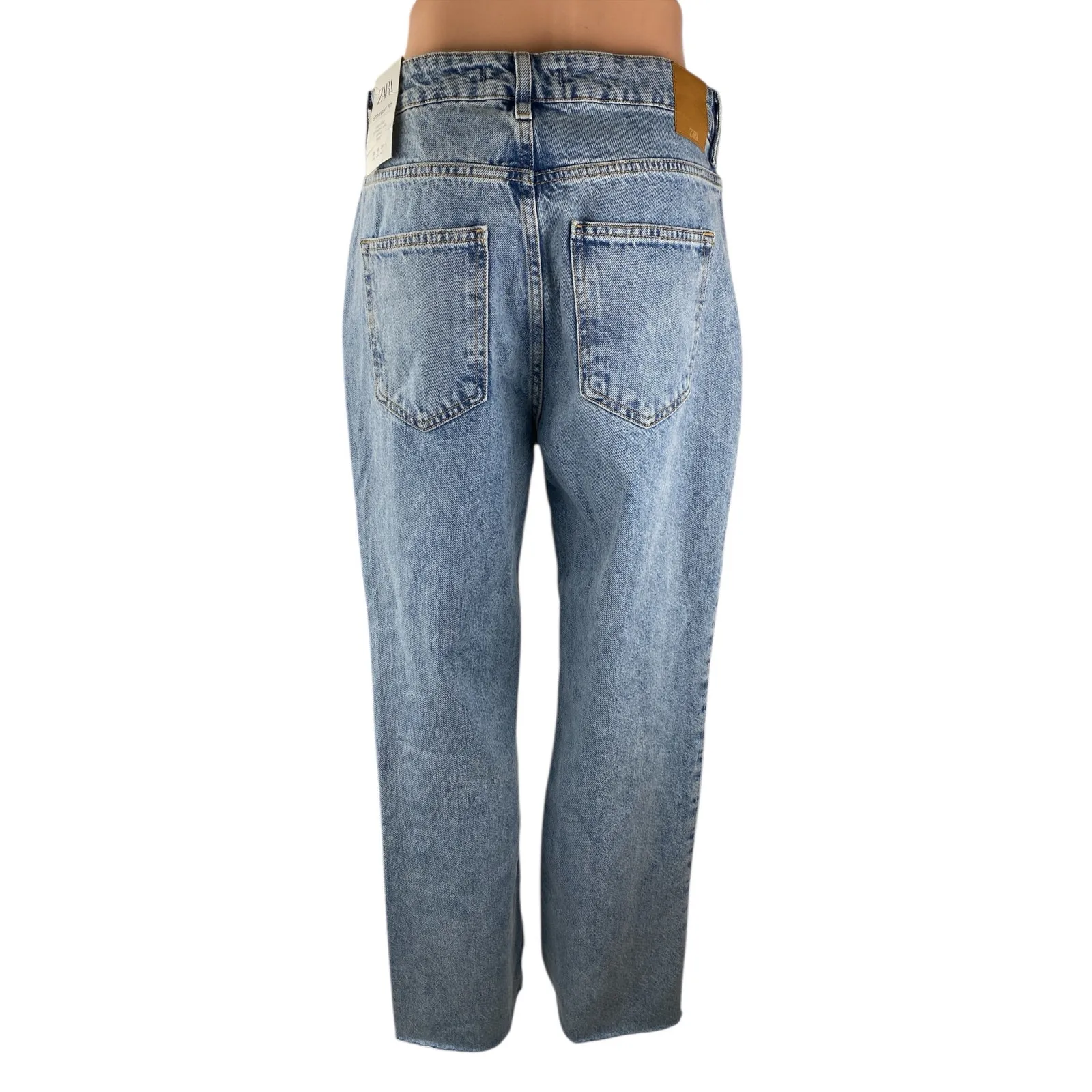 NEW Zara Blue Light Wash Raw Hem High Rise Straight Leg Denim Jeans Pants Sz 38 - Image 2