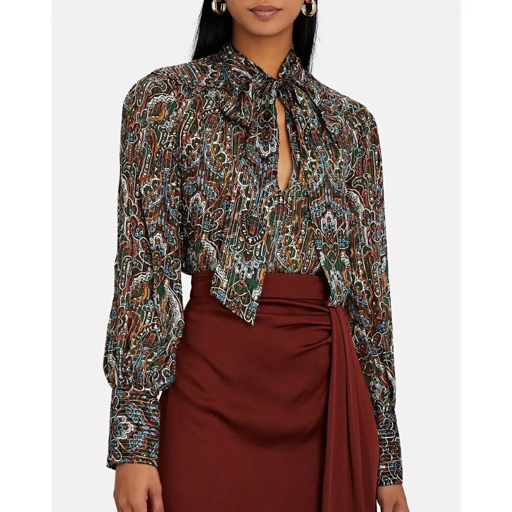 💕VERONICAL BEARD💕 Zaylee Tie-Bow Metallic Silk-Blend Blouse ~ Paisley Print 6 - Image 2