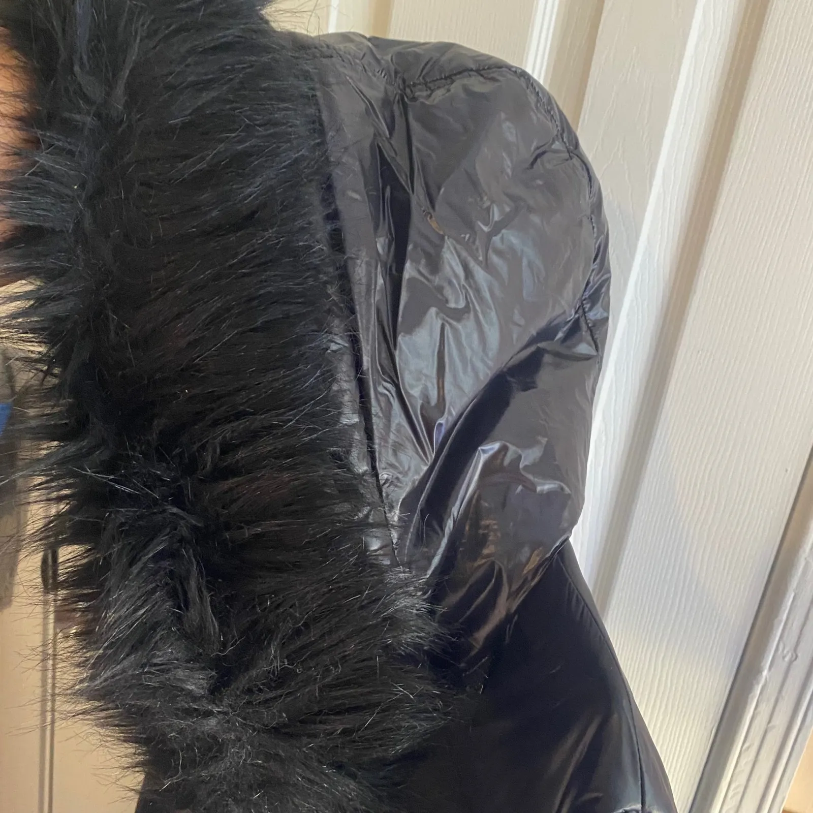 Zara Woman‎ Down Puffer Coat Black Faux Fur Trim Hooded Longline Jacket Large - Image 14