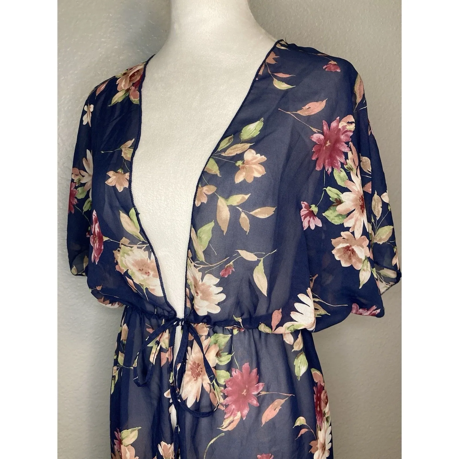 Kimono Duster Cardigan S Sheer Fairy Boho Long Open Front Floral Coverup Coastal - Image 7