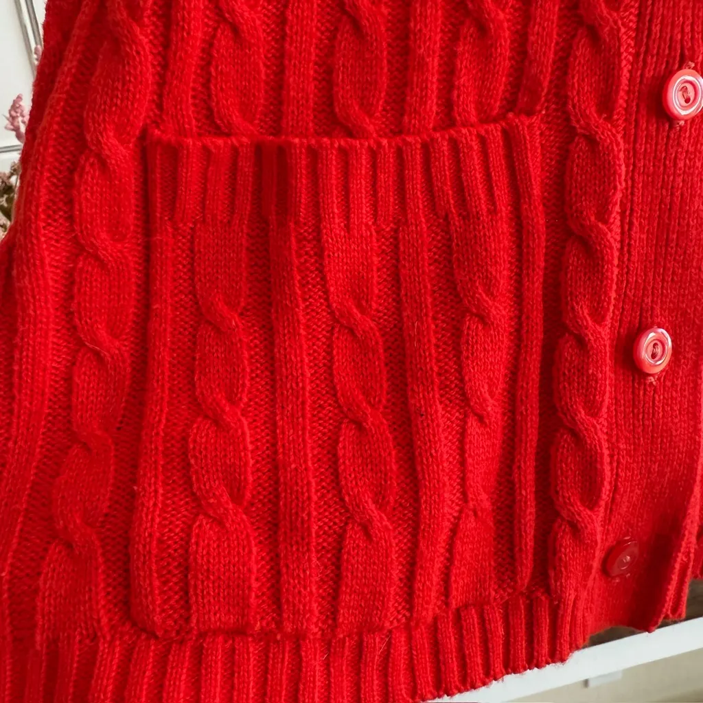 Vintage Red Cable Knit Sweater Vest Medium Button Front Pockets Fall Retro - Image 6