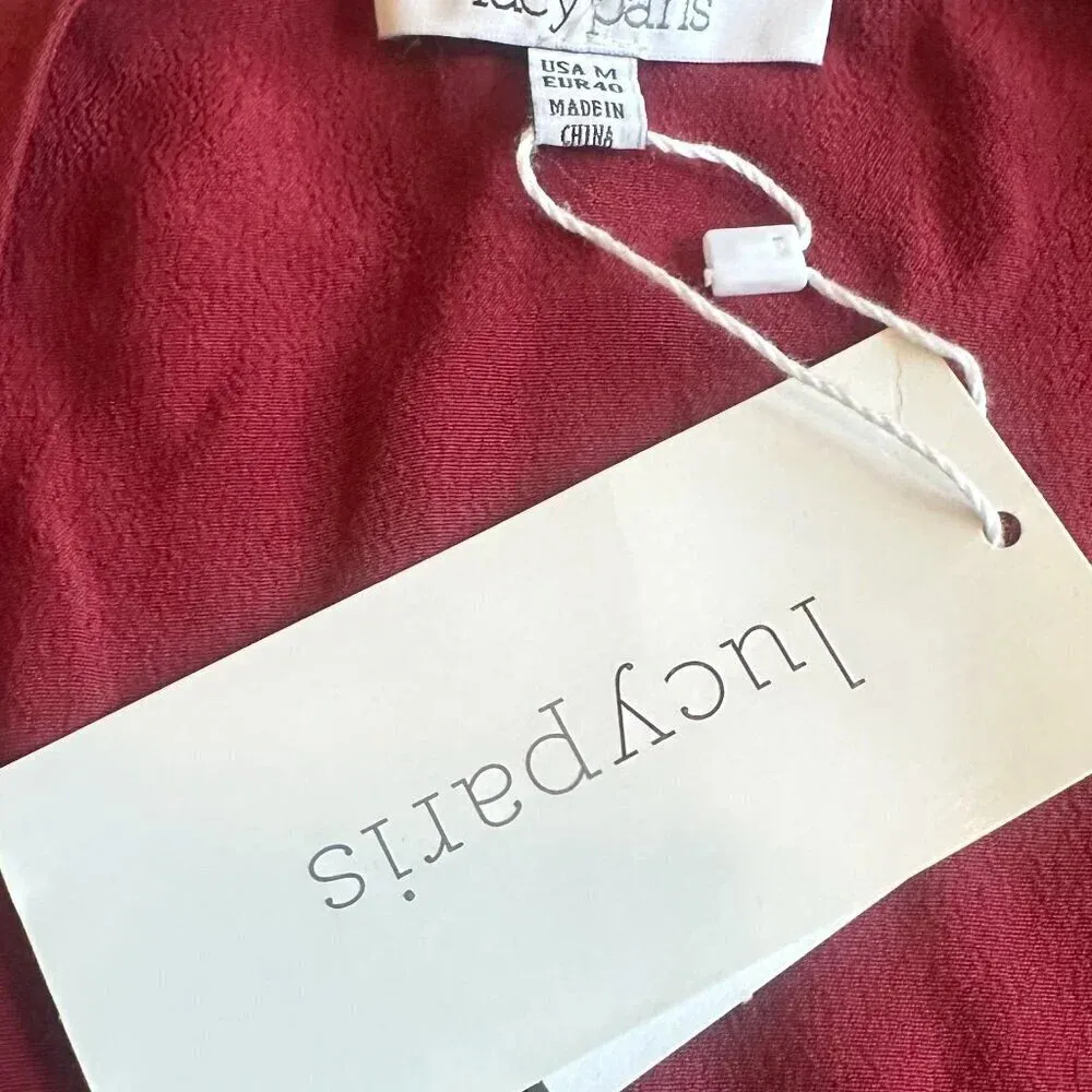 Lucy Paris Burgundy Wrap Dress Ruffle Apron Fit n Flare Size Medium Women's NWT - Image 11