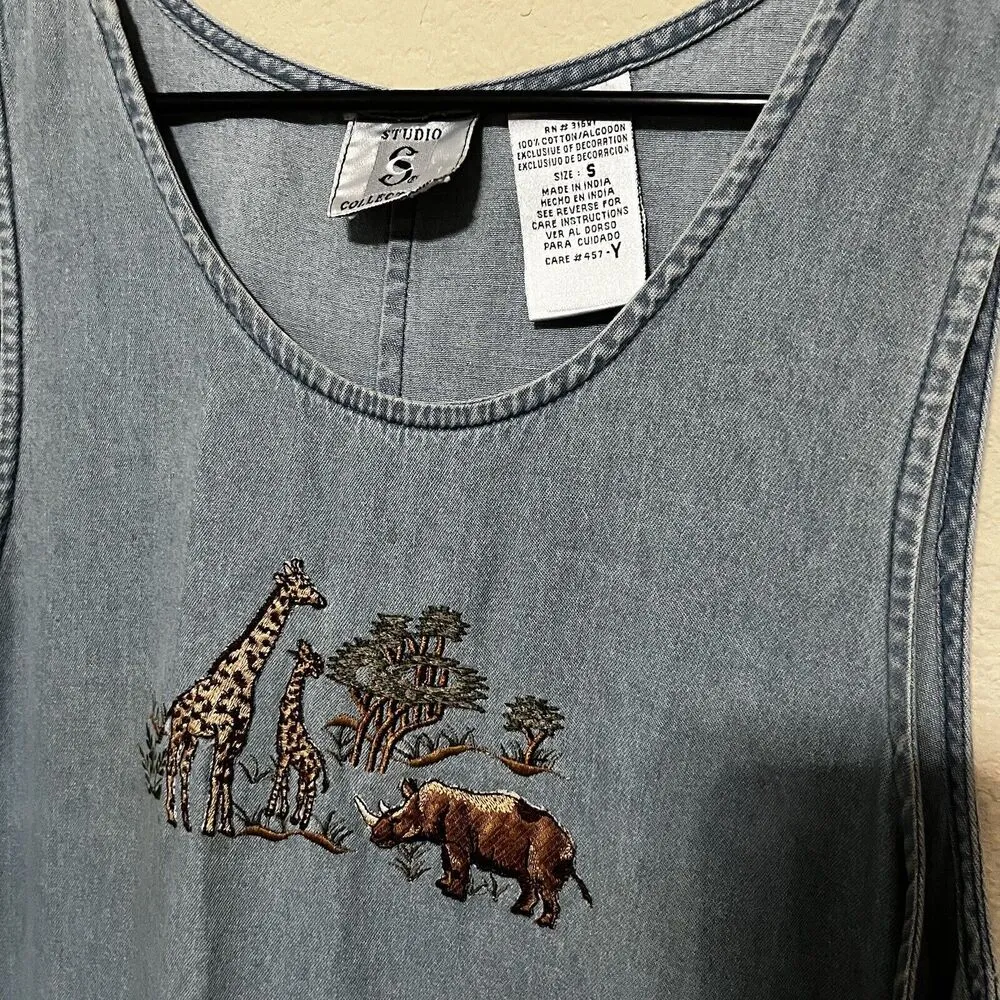 VTG 90'S Denim DRESS JUMPER Embroidered Safari animals Midi sz Small - Image 4