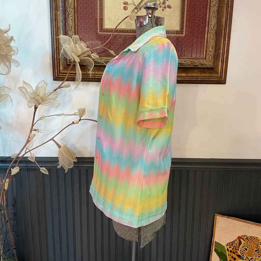 Vintage 70s Sunny South Retro Rainbow Chevron Button Up Blouse & Tank Set 💛🎀 Pink Size M - Image 10
