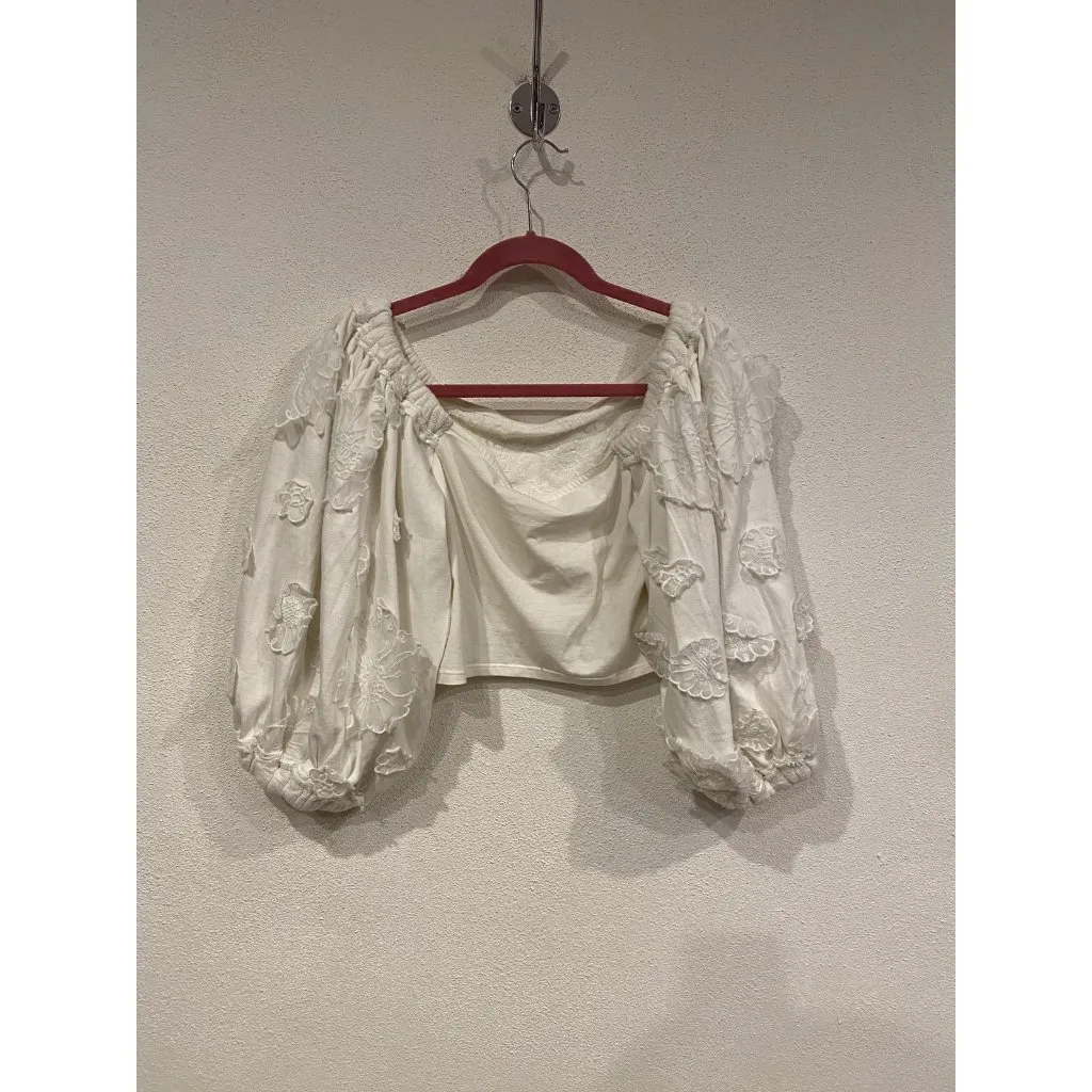 Free People Haut Icing On Top Women Medium White Embroidered Crop Peasant Blouse - Image 6