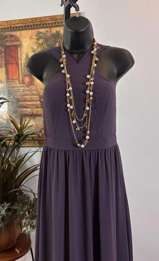 Women SM Maxi Dress Purple Halter Pleated Neck Sleeveless Artsy Lagenlook - Image 2