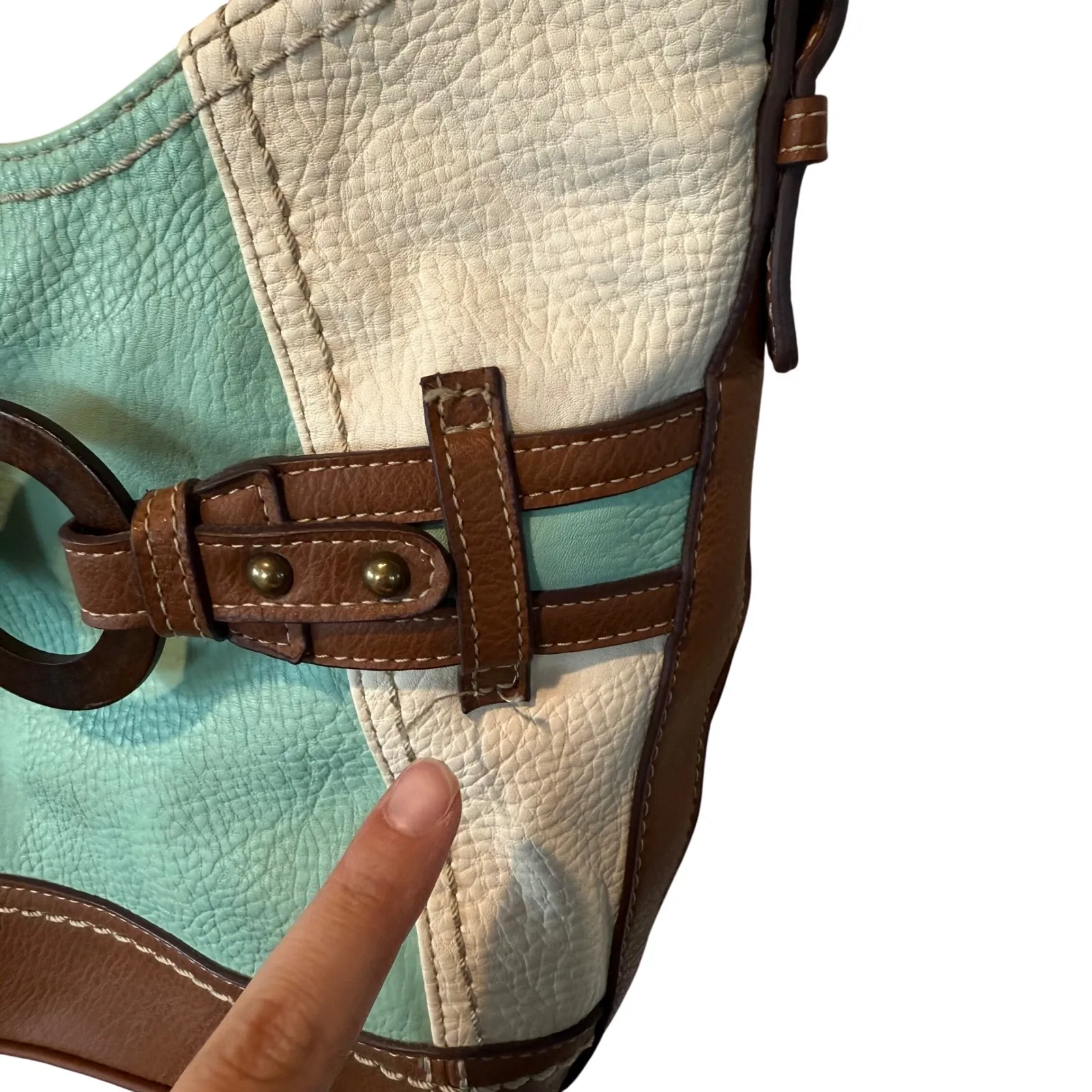 BOC Brown & Blue Faux Leather Crossbody Bag Purse Circle Accent‎ - Image 4