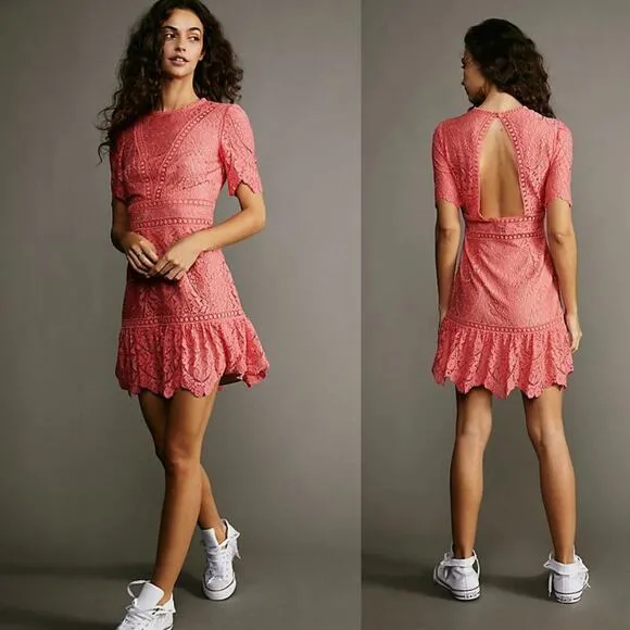 NEW Saylor Darian Open Back Lace Ruffle Minidress Dress Peach Sz Large Coquette - Image 2
