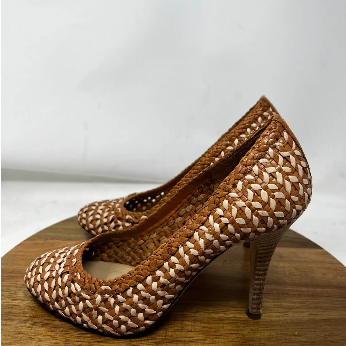 J. Crew Pumps Mona Dreamweaver Brown White Woven Leather Stiletto Heel Size‎ 8 - Image 3