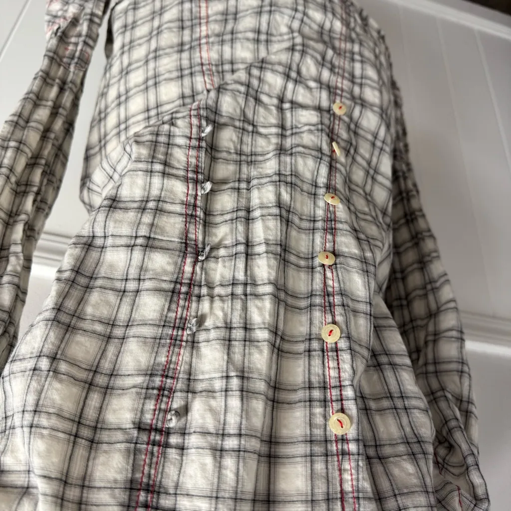 Johnny Was 3J Workshop Plaid Long Sleeve Button Up Ruffle Front Gray Small - Image 4