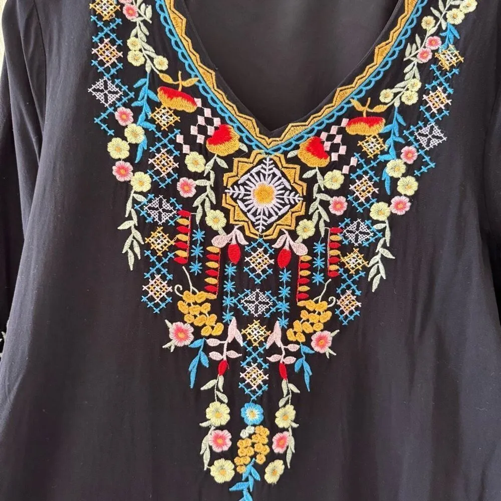 Embroidered Bohemian Hippie Tunic Fiesta Boho Festival Peasant Blouse SZ M Black Size M - Image 5